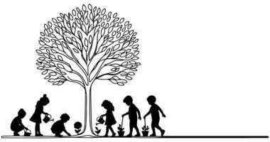 continuo uno nero linea arte disegno silhouette di bambini irrigazione un' albero. piantare albero per Salva il mondo e terra giorno ridurre globale riscaldamento crescita concetto vettore illustrazione su bianca sfondo