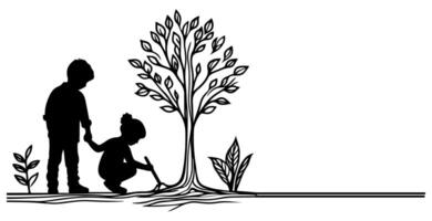 continuo uno nero linea arte disegno silhouette di bambini piantare albero. pala scava radici pianta in terra per Salva il mondo e terra giorno ridurre globale riscaldamento crescita vettore