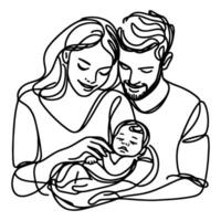 continuo uno nero linea arte disegno genitori con neonato bambino scarabocchi schema stile vettore illustrazione su bianca sfondo