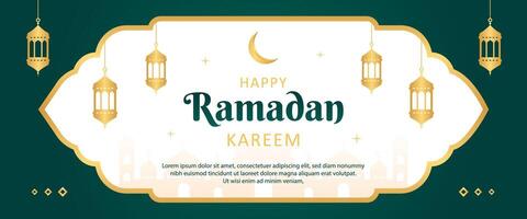 islamico Ramadan celebrazione bandiera modello design con oro telaio e lanterna illustrazione. Ramadan verde bandiera sfondo. vettore