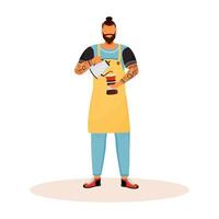 barista con carattere senza volto di vettore di colore piatto barba. uomo che fa americano. lavoratore maschio del caffè che prepara bevanda. ragazzo che serve caffè espresso. hipster con tatuaggi isolati fumetto illustrazione