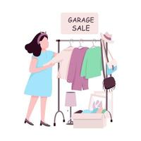 donna che acquista in garage vendita personaggio senza volto di colore piatto vettoriale. ragazza caucasica che sceglie abbigliamento di seconda mano, facendo acquisti illustrazione di cartoni animati isolati per la progettazione grafica e l'animazione web vettore