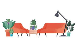 divano e sedia rossi con disegno vettoriale di piante