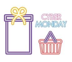 scritta cyber monday, confezione regalo e icona del vassoio in stile neon vettore