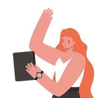 cartone animato di donna dai capelli rossi con disegno vettoriale di lavoro tablet