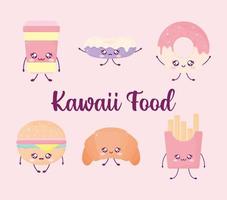 lettere di cibo kawaii e set di cibo kawaii su sfondo rosa vettore