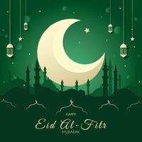 mezzaluna islamico con lanterne e stelle per eid mubarak, eid al-fitr. Ramadan mubarak carta, striscione. d'oro metà Luna, lampada, moschea. vettore illustrazione