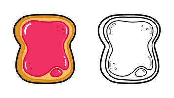 divertente carino contento crostini pezzo di pane con marmellata personaggi fascio impostare. vettore mano disegnato cartone animato kawaii illustrazione. carino crostini pezzo di pane con marmellata. schema cartone animato illustrazione per colorazione libro