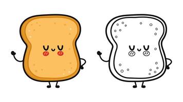 divertente carino contento crostini pezzo di pane personaggi fascio impostare. vettore mano disegnato cartone animato kawaii personaggio illustrazione icona. carino crostini pezzo di pane. schema cartone animato illustrazione per colorazione libro