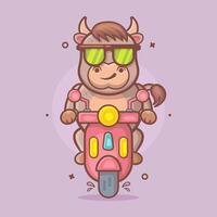 freddo Toro animale personaggio portafortuna equitazione scooter motociclo isolato cartone animato nel piatto stile design vettore