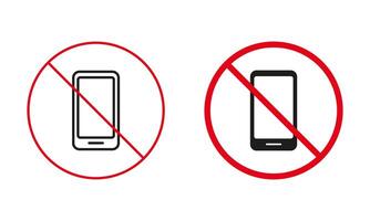 uso smartphone è Proibito linea e silhouette icone. no mobile Telefono permesso avvertimento cartello impostare. chiamata proibito, silenzioso zona rosso cerchio simbolo. isolato vettore illustrazione