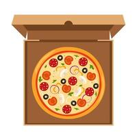 fresco il giro Pizza con pomodoro, formaggio, oliva, salsiccia, cipolla, basilico. tradizionale italiano veloce cibo. superiore Visualizza pasto nel un Aperto cartone scatola. vettore illustrazione.