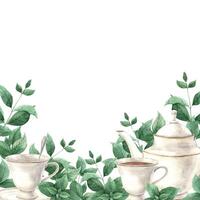 acquerello telaio con ceramica tazza, teiera e fresco speziato menta. illustrazione mano disegnato su isolato sfondo, adatto per menù disegno, confezione, manifesto, sito web, tessile, invito, opuscolo vettore