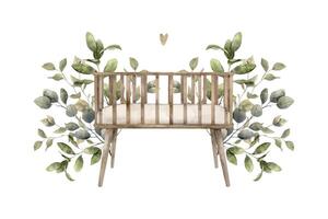 acquerello composizione con un' culla per un' neonato circondato di verde impianti. illustrazione mano disegnato su isolato sfondo per carte, interno, adesivi, tessili, disegno, inviti vettore