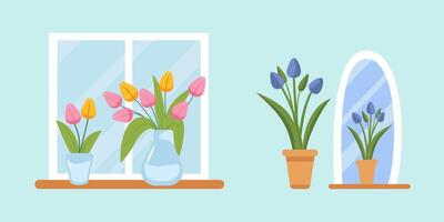 fiori nel un' vaso. blu tulipani siamo riflessa nel il specchio. tulipani nel un' vaso su il davanzale. vettore