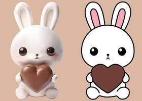 bianca coniglietto personaggio Pasqua tema mano Tenere cioccolato ha il cuore forma 2 stile 3d vettore e 2d per carta, Annunci, e striscione.