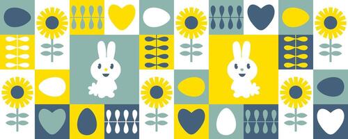 divertimento Pasqua orizzontale bandiera con carino sorridente conigli, girasoli e uova. Perfetto Stampa per cartolina, tazza, tazza. grande primavera design per qualunque progetto. vettore