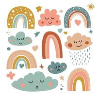 arcobaleni, stelle, sole, un' impostato di vettore mano disegnato illustrazione con boho stile. arcobaleno impostare. scandinavo stile. asilo bambino addormentato nuvole