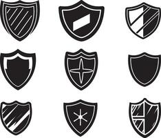 impostato di nero scudo icona nel isolato su bianca sfondo. scudo simbolo vettore