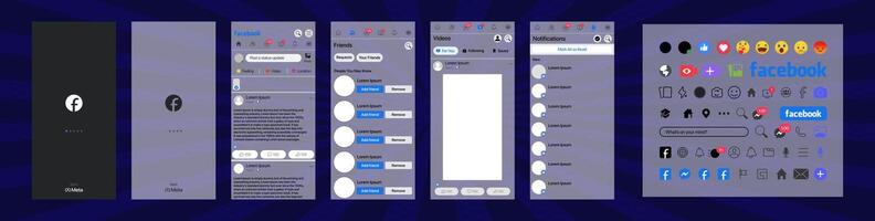 Facebook design. impostato Facebook schermo sociale media e sociale Rete interfaccia modello. homepage, raccomandazioni, abbonamenti. Facebook foto telaio. storie, è piaciuto, flusso. editoriale illustrazione vettore
