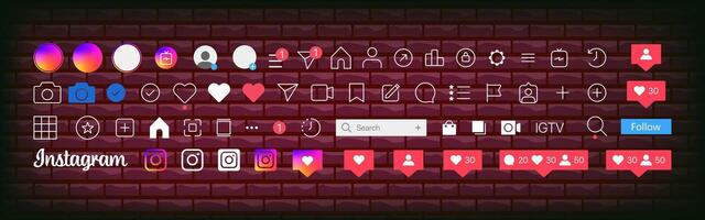 instagram pulsante icona. impostato instagram schermo sociale media e sociale Rete interfaccia modello. storie utente pulsante, simbolo, cartello logo. storie, è piaciuto, flusso. editoriale vettore illustrazione