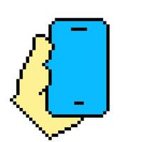 mano Tenere blu Telefono linea icona. gadget, smartphone, toccare schermo, applicazioni, telecamera, pixel stile. multicolore icona su bianca sfondo vettore