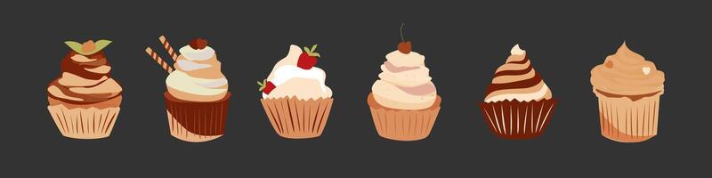 impostato di cupcakes su buio sfondo. dolci impostare. vettore illustrazione.