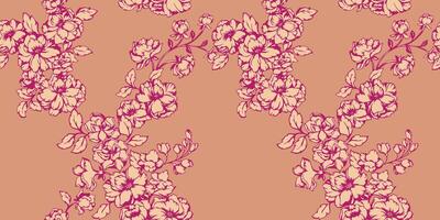 colorato rosa stilizzato floreale senza soluzione di continuità modello su un' beige sfondo. astratto artistico rami fiori con mini cuffie le foglie stampa. vettore disegnato illustrazione. modello per disegno, moda, tessuto