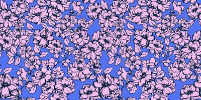 colorato rosa artistico, astratto forma fiori senza soluzione di continuità modello su un' blu sfondo. stilizzato selvaggio fioritura stampa. primavera o estate floreale con mini cuffie e le foglie Indietro. vettore mano disegnato strutturato.