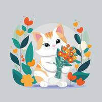 gatto con un' mazzo di fiori nel suo zampe. piatto vettore illustrazione.