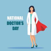 nazionale medico giorno. femmina medico con rosso supereroe mantello. vettore illustrazione.