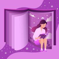 un' ragazza legge un' fantasia libro contro il sfondo di un' grande libro. vettore illustrazione