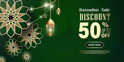 sconto promozionale striscione, con un' Ramadan o islamico tema. buio verde colore vettore