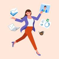 occupato attività commerciale donna contento Lavorando, multitasking opera, godere Lavorando difficile, produttivo donna, multitasking abilità, piatto vettore illustrazione