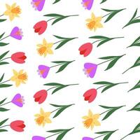 colorato floreale senza soluzione di continuità modello. primavera e estate fioritura. tulipano, Narciso, croco. botanico sfondo, involucro carta, sfondo. vettore