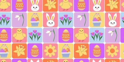 moderno geometrico Pasqua senza soluzione di continuità modello. geometrico mosaico, patchwork, giocoso piazze. colorato Pasqua coniglietto, pulcino, uova e fiori. primavera vacanze. striscione, sfondo, digitale carta. vettore
