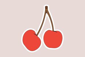 Due succoso rosso ciliegie logo etichetta design vettore. cibo oggetti icona concetto. ciliegia etichetta design logo icona. vettore