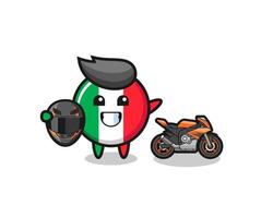 simpatico cartone animato della bandiera dell'italia come pilota di motociclette vettore