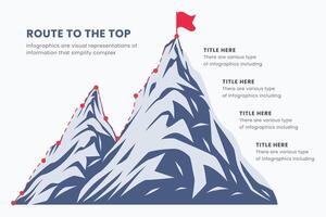 itinerario per il superiore di il montagna Infografica disegno, attività commerciale strategia, e obbiettivo. arrampicata itinerario per il obiettivo. vettore illustrazione piatto design.