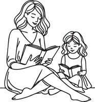 madre e ragazzo leggere libro linea disegno. vettore