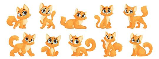 un' impostato di dieci carino arancia gattini con blu occhi nel diverso pose. un' piccolo carino gatto con un' affascinante Guarda pose. vettore cartone animato