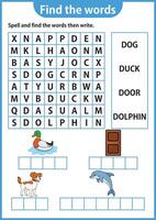 parola puzzle gioco parola ricerca foglio di lavoro formazione scolastica gioco per bambini apprendimento inglese alfabeto vettore