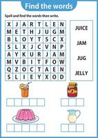 parola puzzle gioco parola ricerca foglio di lavoro formazione scolastica gioco per bambini apprendimento inglese alfabeto vettore