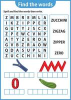 parola puzzle gioco parola ricerca foglio di lavoro formazione scolastica gioco per bambini apprendimento inglese alfabeto vettore