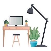 scrivania con lampada per computer e disegno vettoriale di piante