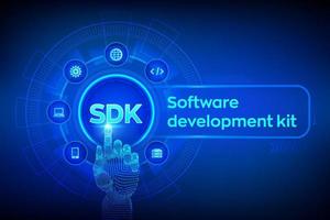 sdk. concetto di tecnologia del linguaggio di programmazione del kit di sviluppo software sullo schermo virtuale. concetto di tecnologia. interfaccia digitale commovente della mano robotica. illustrazione vettoriale. vettore