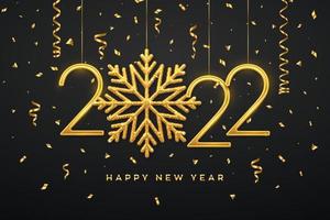 felice nuovo anno 2022. appeso numeri metallici dorati 2022 con fiocco di neve brillante e coriandoli su sfondo nero. biglietto di auguri di capodanno o modello di banner. decorazione delle vacanze. illustrazione vettoriale. vettore