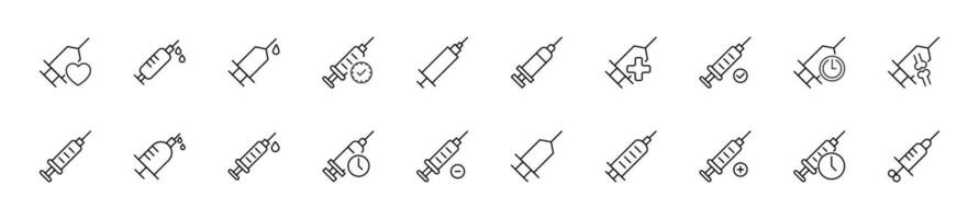 collezione di magro linea icone di segni di siringhe. lineare cartello e modificabile ictus. adatto per ragnatela siti, libri, articoli vettore