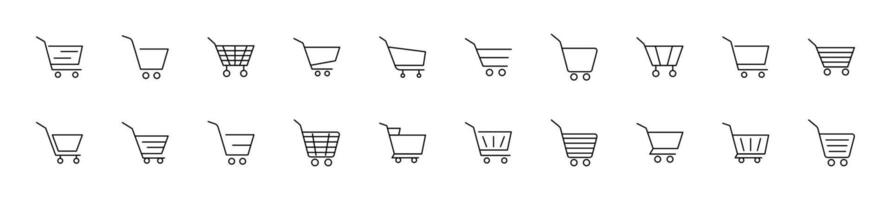 collezione di magro linea icone di shopping carrelli. lineare cartello e modificabile ictus. adatto per ragnatela siti, libri, articoli vettore