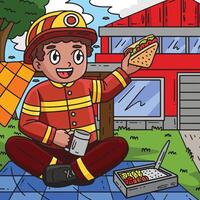 pompiere mangiare pranzo colorato cartone animato vettore